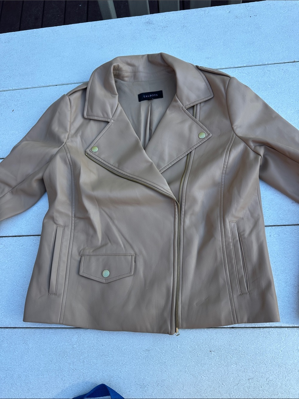 Talbots Beige faux Leather Moto Jacket with Asymmetrical Zip